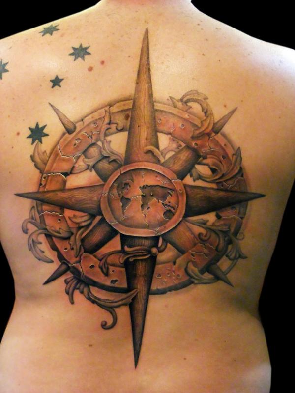 A Compass Tattoo with a world map in the center.