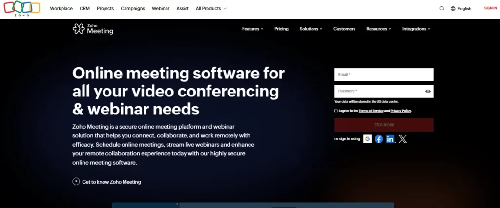 Zoho Meeting - A screenshot of Zoho Meeting Homepage