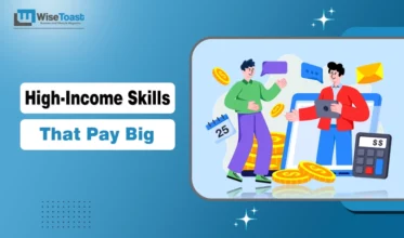 High-income skills guide title card with "instadp" watermark on a professional office background.