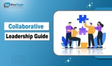 Team members assembling puzzle pieces on a blue background, illustrating the Collaborative Leadership Guide