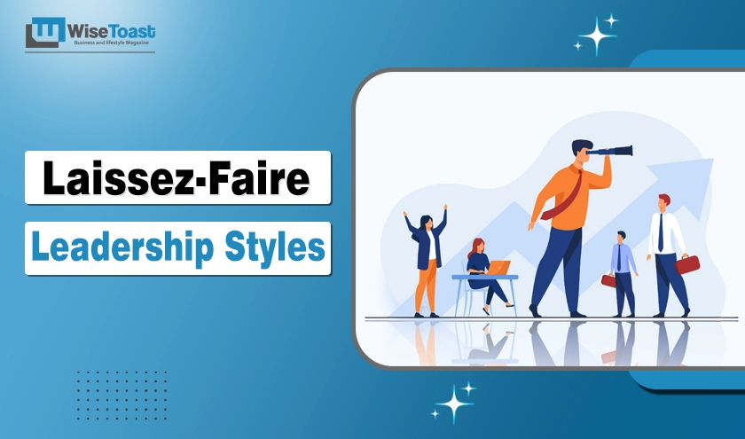 Laissez-faire leadership style illustration showing a leader looking ahead through binoculars while a self-organizing team works independently behind him