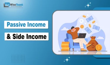Passive income and side income illustration of a person relaxing with a laptop surrounded by money