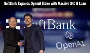 Masayoshi Son and Sam Altman shaking hands with text "SoftBank Expands OpenAI Stake with Massive $40 B Loan.