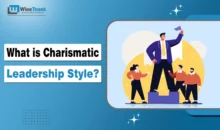 A leader standing on a podium holding a flag while team members look up &mdash; illustrating what is charismatic leadership style