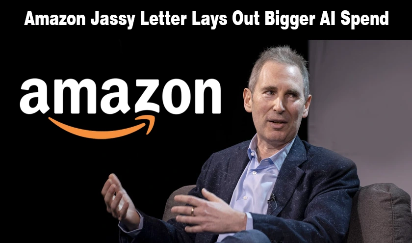 Amazon CEO Andy Jassy portrait and company logo on a news graphic regarding AI investment.