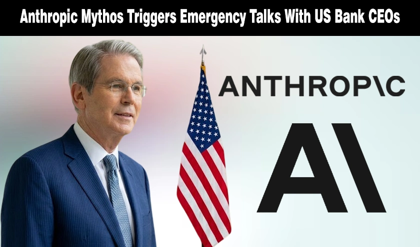 News graphic showing a banking executive and Anthropic AI logo for a report on emergency financial talks.