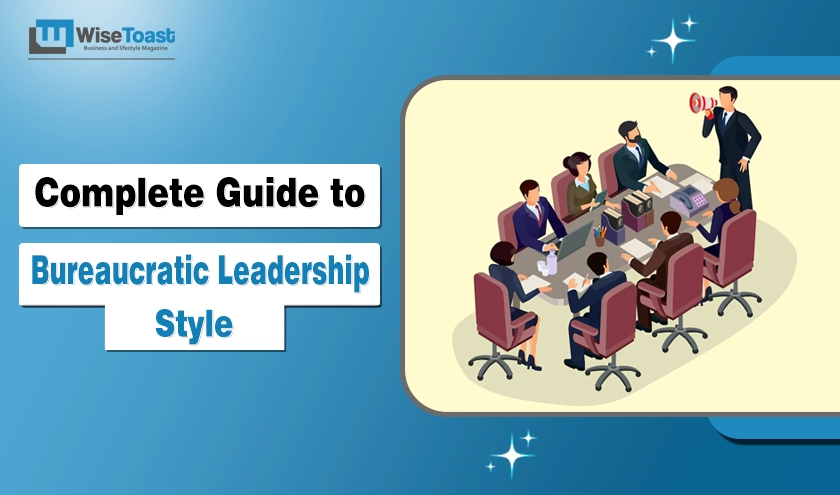 Bureaucratic leadership style illustration showing a manager leading a structured office meeting with a formal team