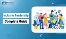 Inclusive leadership illustration showing a diverse team collaborating, including a wheelchair user, under the title &ldquo;Complete Guide&rdquo;.