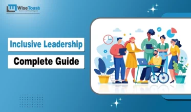 Inclusive leadership illustration showing a diverse team collaborating, including a wheelchair user, under the title “Complete Guide”.