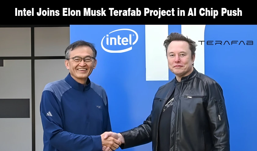 Portraits of Lip-Bu Tan and Elon Musk on a news graphic for the Intel and Terafab AI chip partnership.