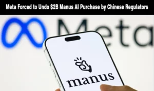 Meta logo with Manus AI on a smartphone screen illustrating the blocked $2B purchase