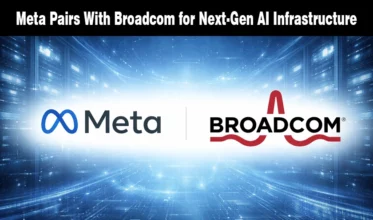 Meta and Broadcom logos displayed over a futuristic blue circuit background for a technology news update.