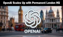 OpenAI logo on a modern corporate building representing the new permanent London headquarters.