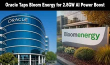 Oracle and Bloom Energy corporate buildings shown side-by-side on a news graphic.