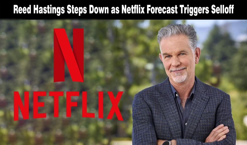 Portrait of Reed Hastings next to a declining stock market graph for a Netflix business.