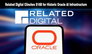 Related Digital and Oracle logos on a digital background illustrating a $16 billion AI infrastructure agreement.