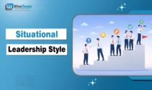 Situational leadership style illustration showing a leader guiding team members through different growth stages in an office setting
