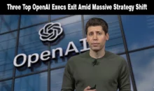 OpenAI logo on a dark news graphic discussing the exit of three top executives.
