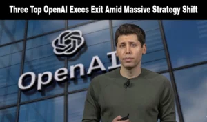OpenAI logo on a dark news graphic discussing the exit of three top executives.