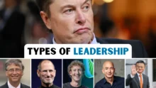 Types of leadership styles with examples of influential business leaders like Elon Musk, Bill Gates, Steve Jobs, Jeff Bezos, and Jack Ma