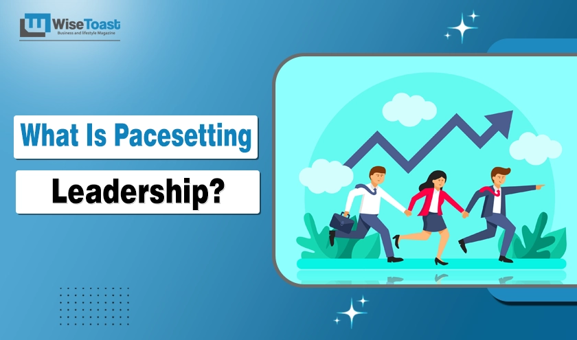 Pacesetting leadership illustration showing a team running toward growth with an upward arrow graph