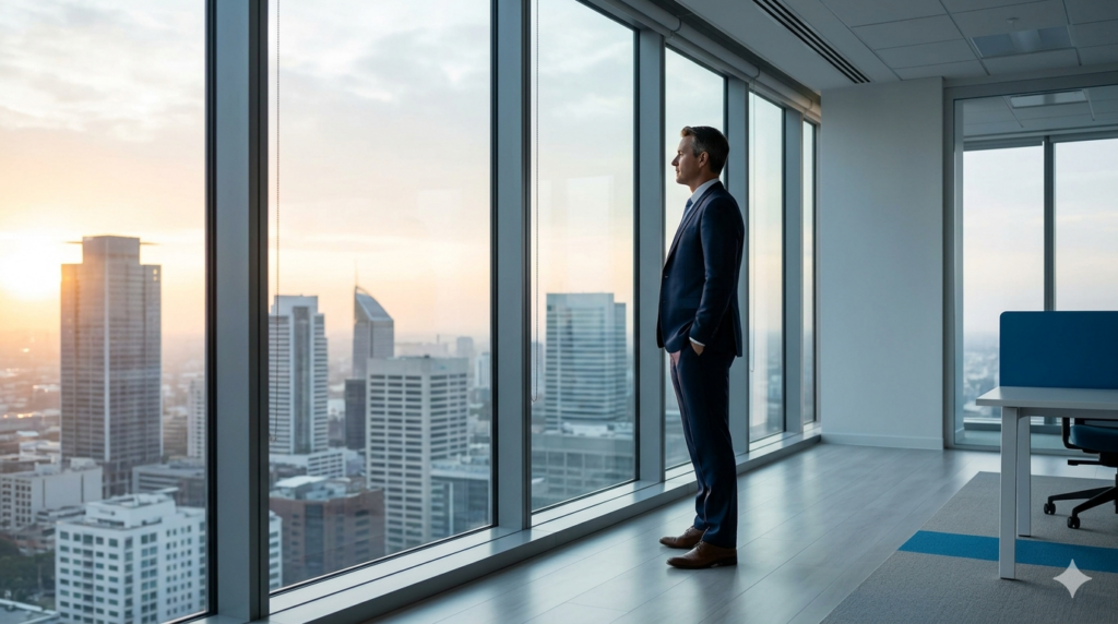 Business leader practicing visionary leadership style while looking at city skyline representing future goals and direction