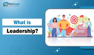 What is leadership concept illustration showing a confident leader with team members, goal targets, mountain path, and strategic planning elements