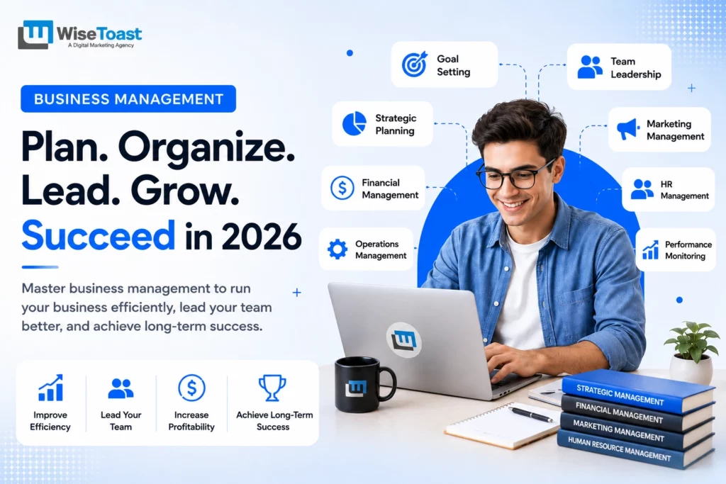 Professional business management feature image of a young man working on a laptop with icons representing goal setting, strategic planning, financial management, operations, marketing, HR, leadership, and performance monitoring. The design uses a clean blue-and-white corporate theme with the headline "Plan. Organize. Lead. Grow. Succeed in 2026."