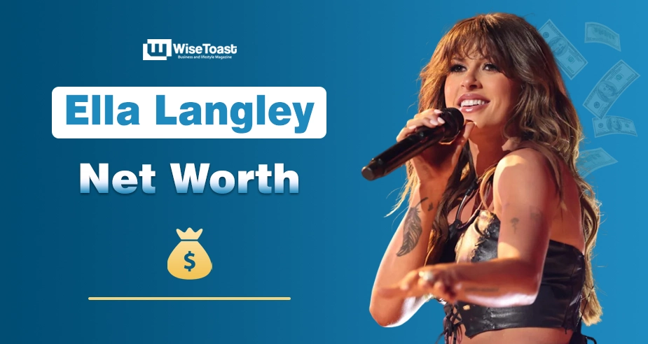 Ella Langley singing into a microphone next to a golden money bag graphic on a country artist biography banner for wisetoast.com.