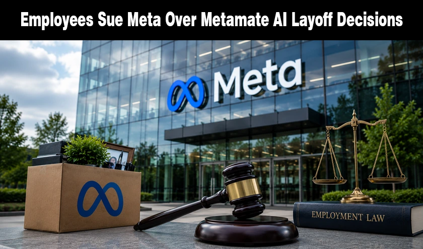 A cardboard box with the Meta logo next to a judge's gavel and scales of justice in front of the Meta headquarters.