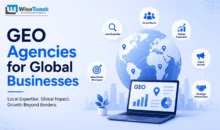 GEO agencies for global businesses infographic banner with globe and laptop illustration.