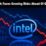 Financial graphic featuring Intel logo with a downward-trending stock chart.
