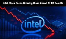 Financial graphic featuring Intel logo with a downward-trending stock chart.