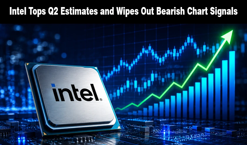 Metallic Intel computer processor chip mounted on a motherboard next to a rising stock chart.