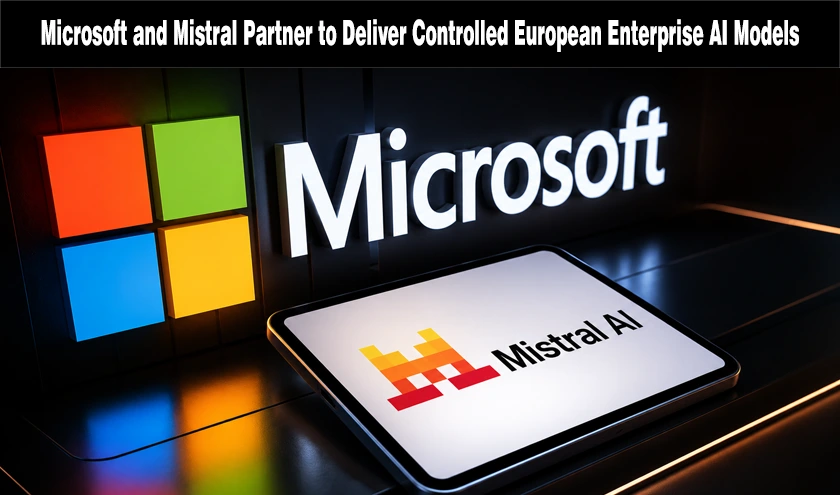 Microsoft logo paired with a digital tablet displaying the Mistral AI logo on a dark illuminated surface.