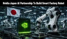 Nvidia AI chip unit next to a white robotic arm in a smart factory setting.