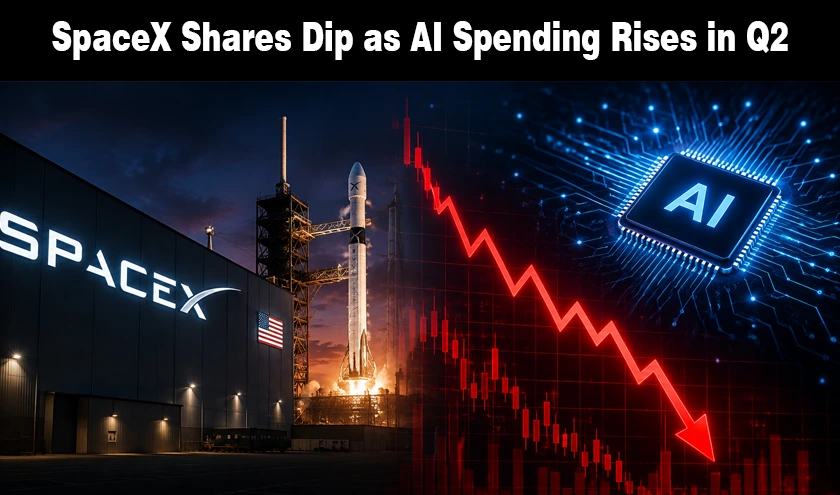 SpaceX rocket and facility alongside a falling red stock chart overlay and a glowing blue AI microchip.