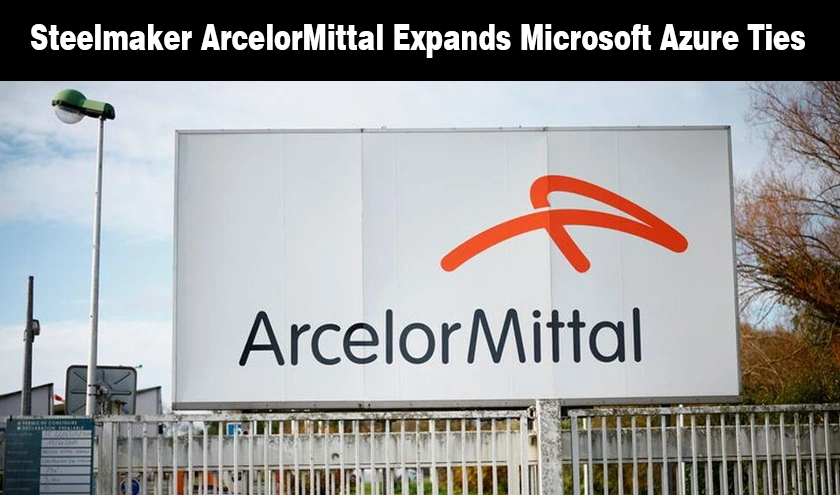 Large white outdoor corporate sign displaying the ArcelorMittal logo and name.