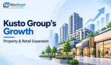 Modern commercial storefronts and high-rise real estate buildings with an upward growth arrow graphics overlay.