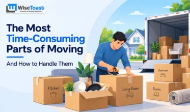 Man taping cardboard cardboard boxes labeled for different rooms in front of an open moving truck outside a home.
